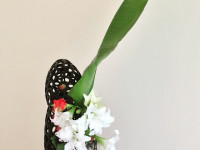 2. Ana María Flores, Anita Jahn, Escuela Sogetsu. Mas que formas, hoja de plátano y amarillis, cristal y resina